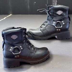 Women's 8.5 HARLEY-DAVIDSON Jocelyn Black Leather Lace Up Side Zip Moto Boots